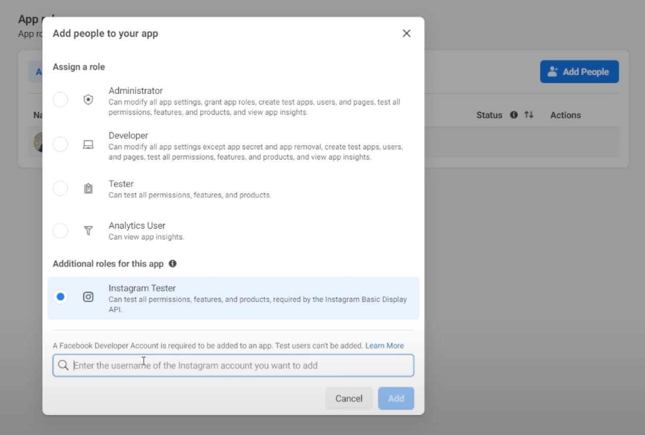 On the next screen, click Add People, then search for the Instagram account you want to use